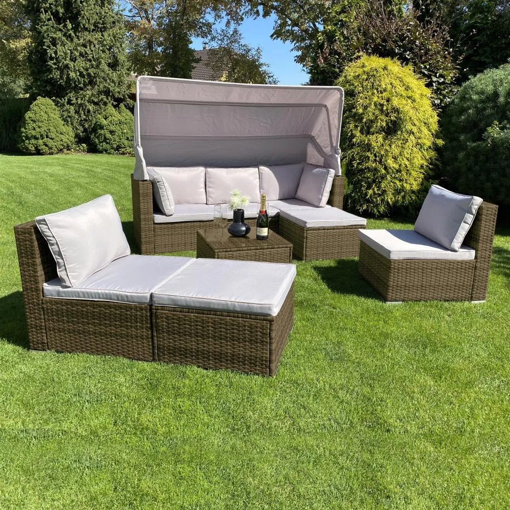 Ratanový sofa set so skladacou strieškou BELVEDERE - Hnedá / Sivá
