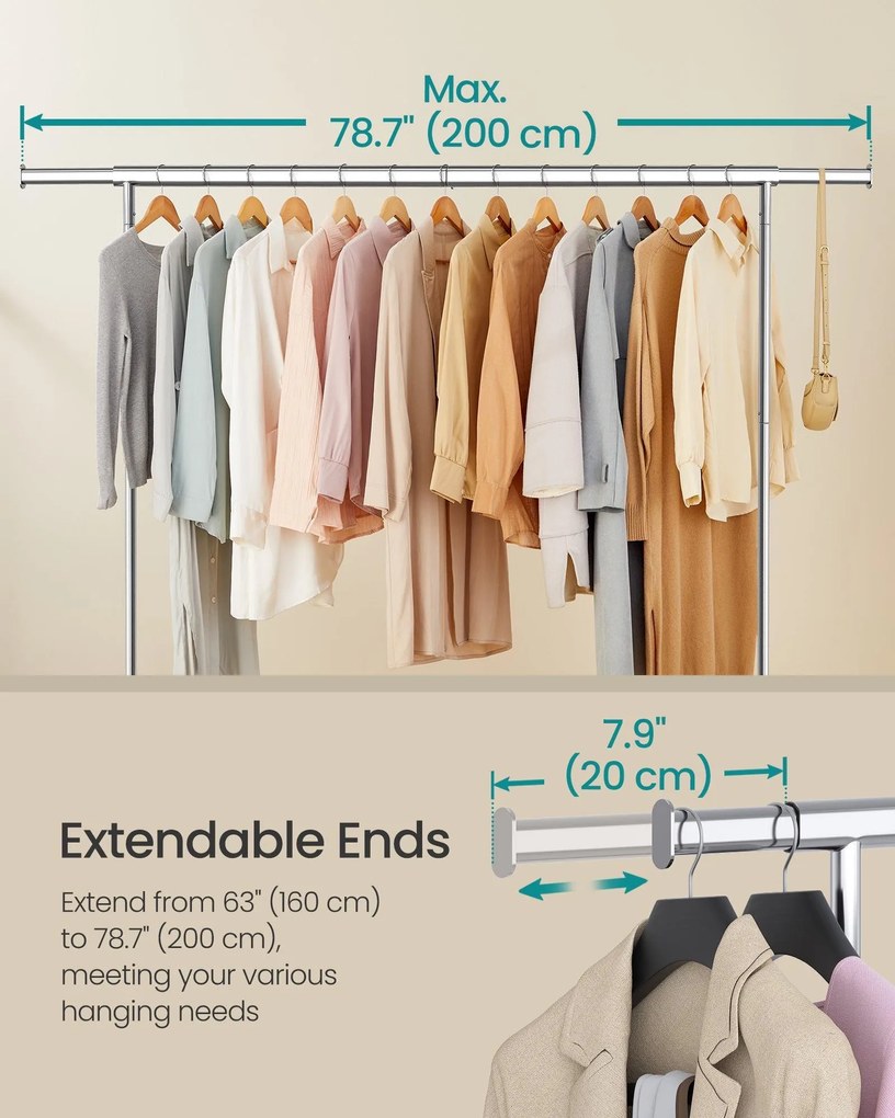 Kovový vešiak na oblečenie s kolieskami, nosnosť 110 kg, strieborná farba