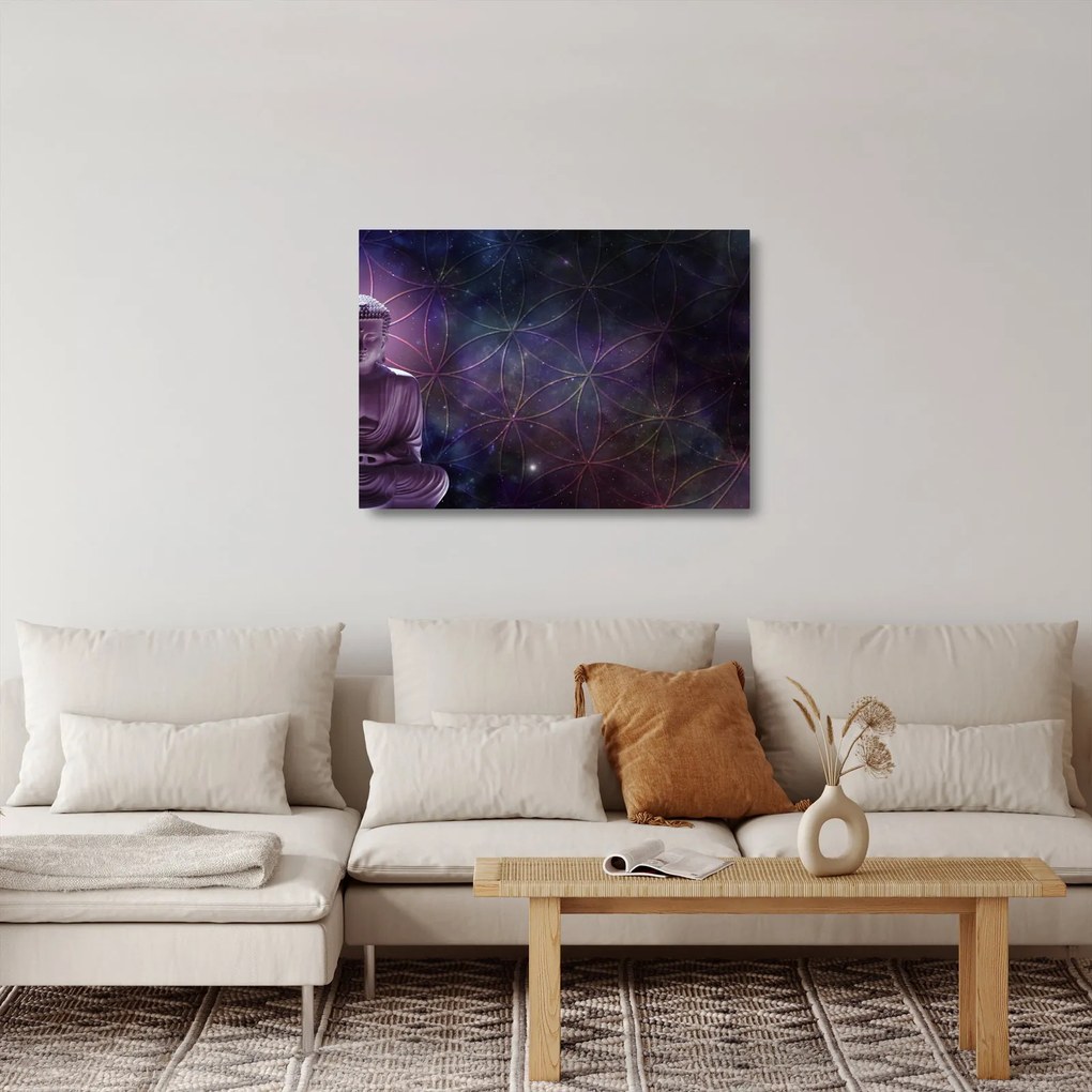 Sklenený obraz - Budha s kvetmi života (70x50 cm)