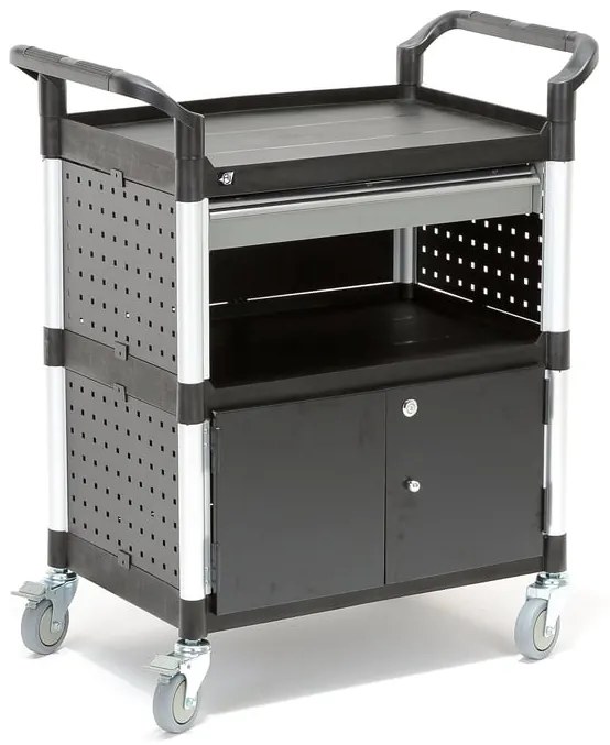 Vozík na náradie MOVE, 2 police + uzamykateľná skrinka, 850x480x1000 mm