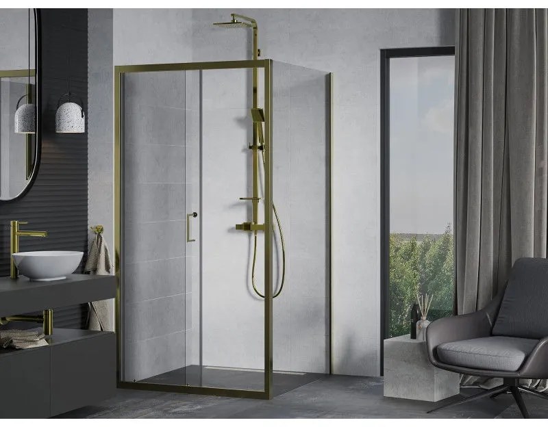 Mexen Apia, sprchový kút s posuvnými dverami 100 (dvere) x 100 (stena) cm, 6mm číre sklo, zlatý profil, 840-100-100-50-00
