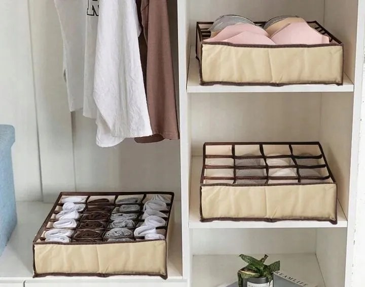 VERK GROUP Organizér na spodnú bielizeň, podprsenky, čiapky, KIPIT, 6 priehradiek, béžový 34 x 30 x 10 cm