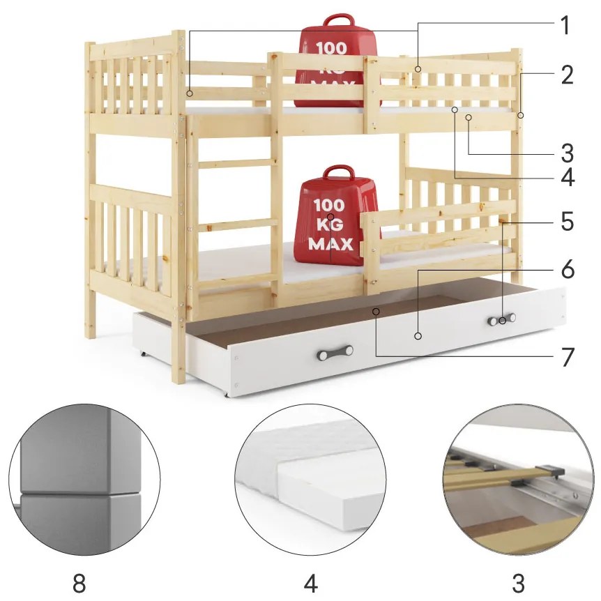 Poschodová posteľ so zásuvkou a matracmi NATURAL 200x90 borovica - biela