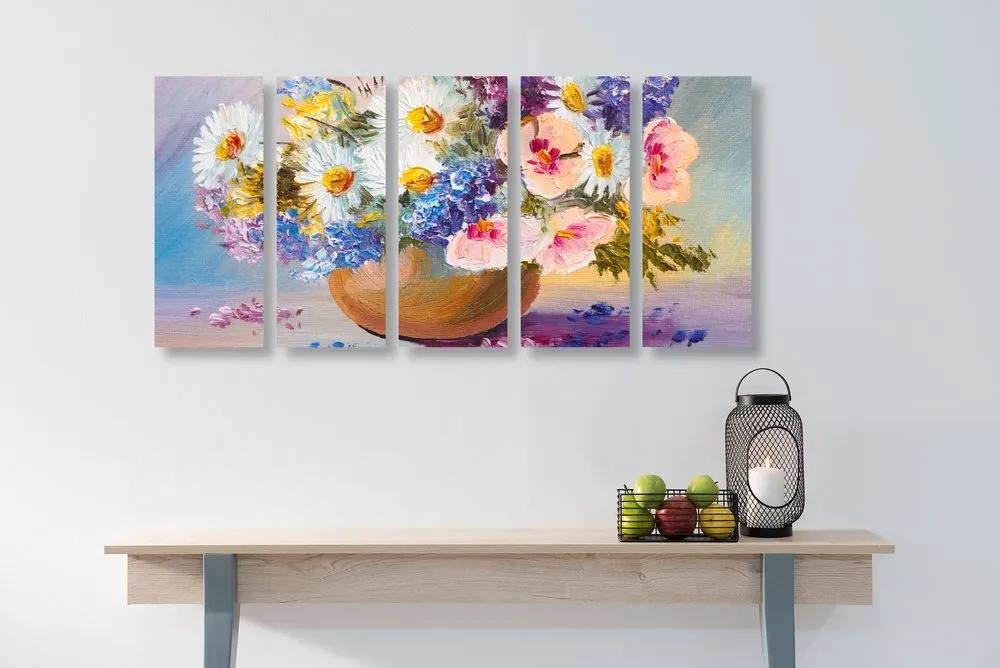 5-dielny obraz olejomaľba letných kvetov - 100x50