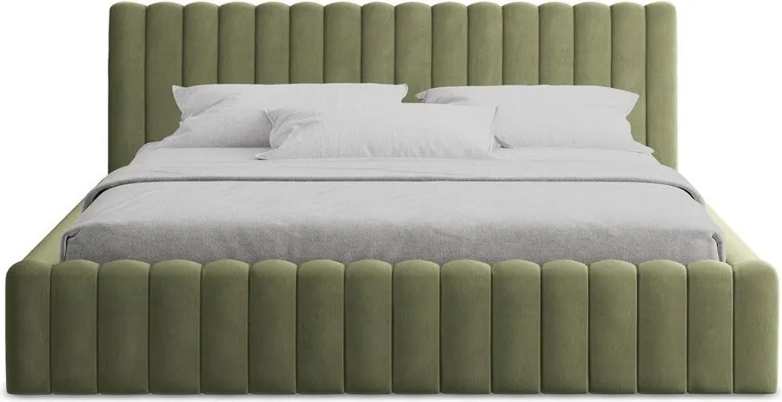 Zelená čalúnená dvojlôžková posteľ s úložným priestorom s roštom 160x200 cm Lemi – Makamii