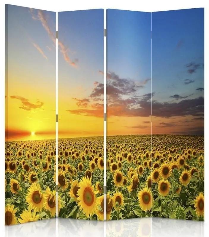 Ozdobný paraván, Krajina se slunečnicemi - 145x170 cm, štvordielny, obojstranný paraván 360°