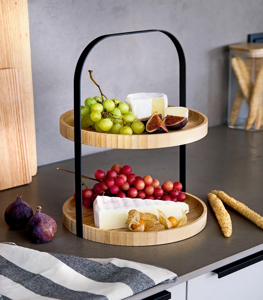 Zeller Present Bambusový etažér na servírovanie, 2 poschodia, čierne držadlo