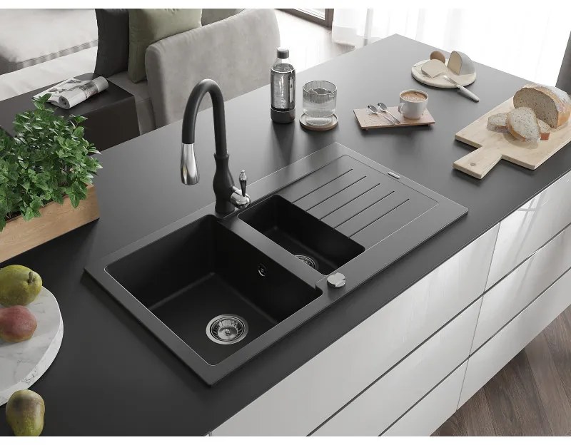 Mexen Matias, 1,5-komorový granitový drez 900x505x200 mm a drezová batéria Savita, čierna, 6502-77-672601-70