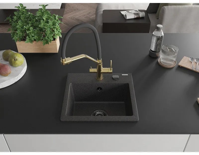 Mexen Milo, granitový drez 435x410x171 mm, 1-komorový a drezová batéria Duo, čierna škvrnitá, 6505-76-671701-57-B