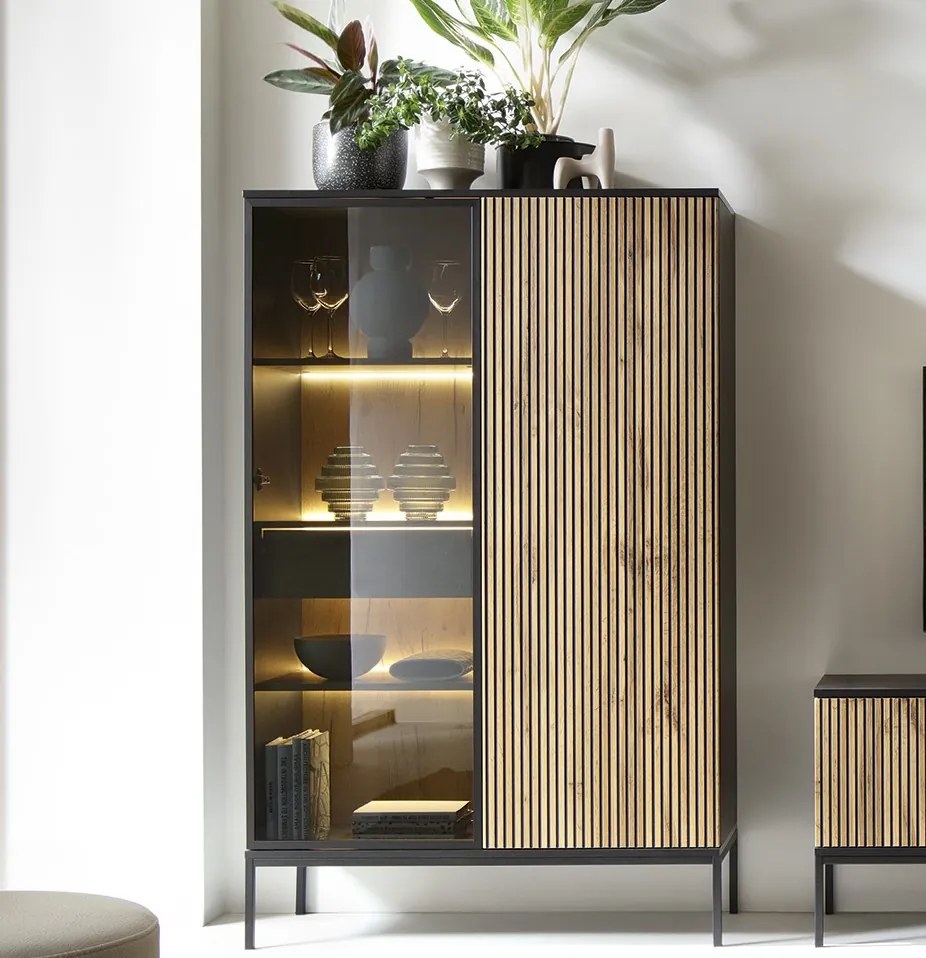 Vitrína Sento, čierna/dub wotan, s osvetlením