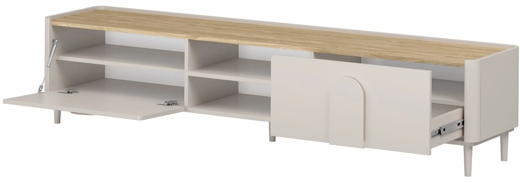TV skrinka so zásuvkou Amilio 220 cm na nožičkách - kašmír / olejovaný dub / úchytky kašmír