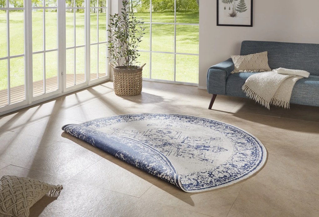 NORTHRUGS - Hanse Home koberce Kusový koberec Twin Supreme 104138 Blue / Cream kruh – na von aj na doma - 140x140 (priemer) kruh cm