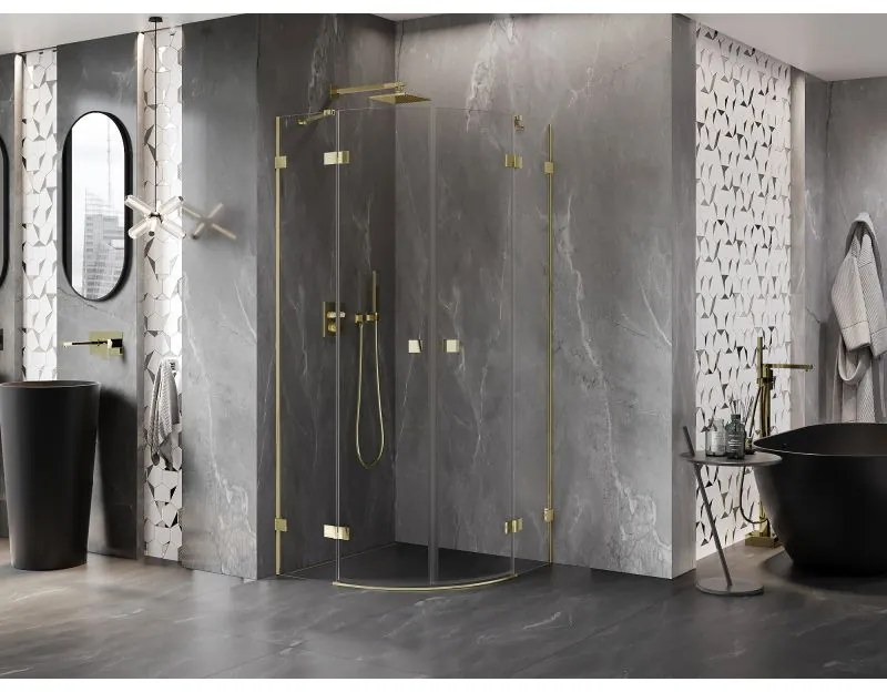 Mexen Lunar, polkruhový výklopný sprchový kút 80 x 80 cm, 8mm číre sklo, zlatý profil, 833-080L-080P-50-00