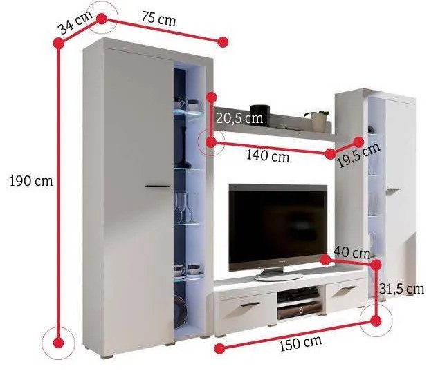 Obývacia stena KLOK XL, 300x190x34, lefkas + LED osvetlenie