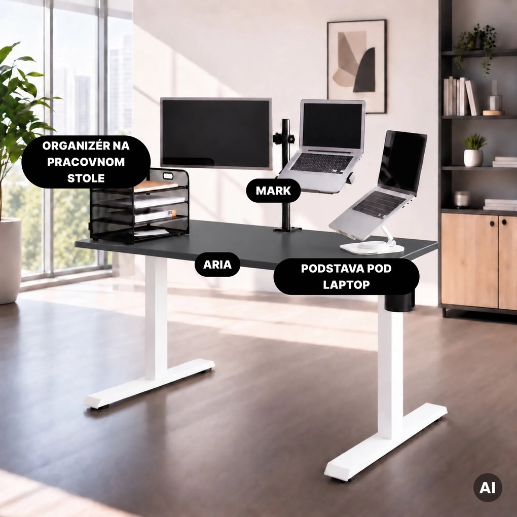 Elektrický stôl s nastaviteľnou výškou ergonomický bielo-antracitový,1200x600 mm: ARIA