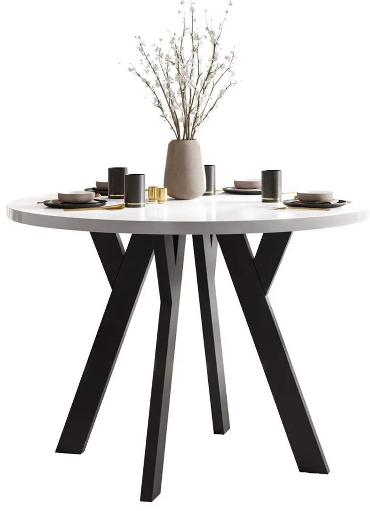 OKRÚHLY ROZKLADACÍ JEDÁLENSKÝ STÔL EWALD BIELY LESK + ČIERNE NOHY 100/140 cm