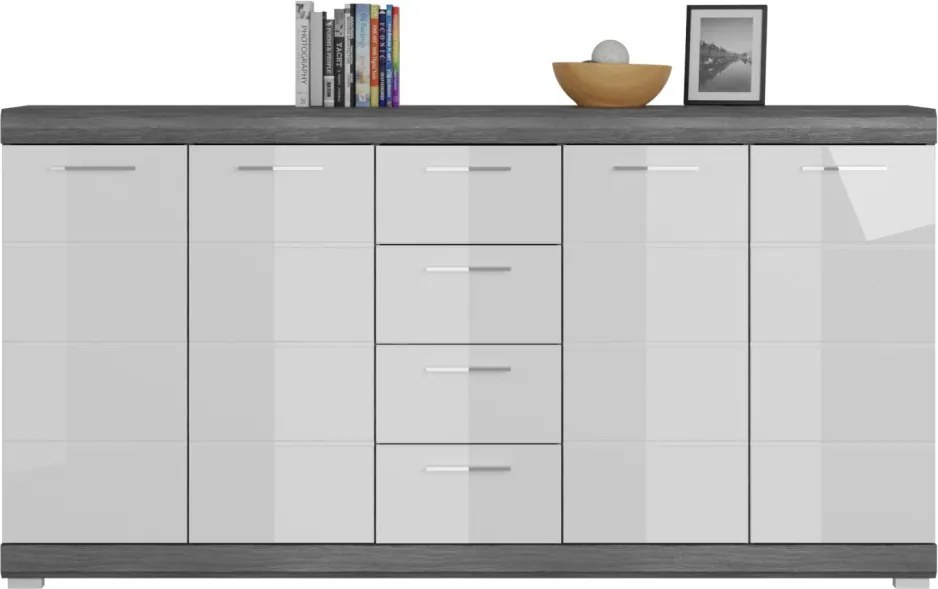 Široká komoda Scout, 165 cm, sivý dub/biely lesk