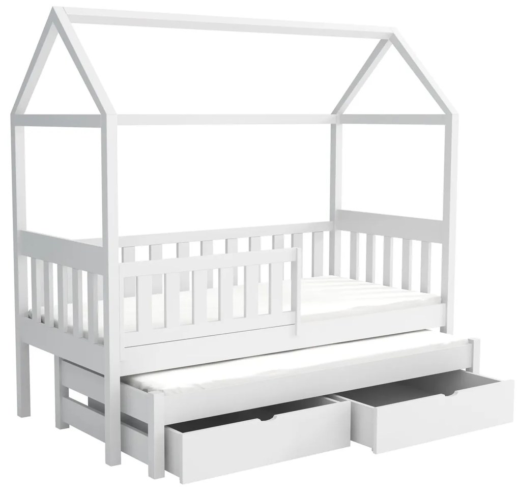 Detská domčeková posteľ z masívu borovice REVOLUT s prístelkou a šuplíky - 200x90 cm - biela