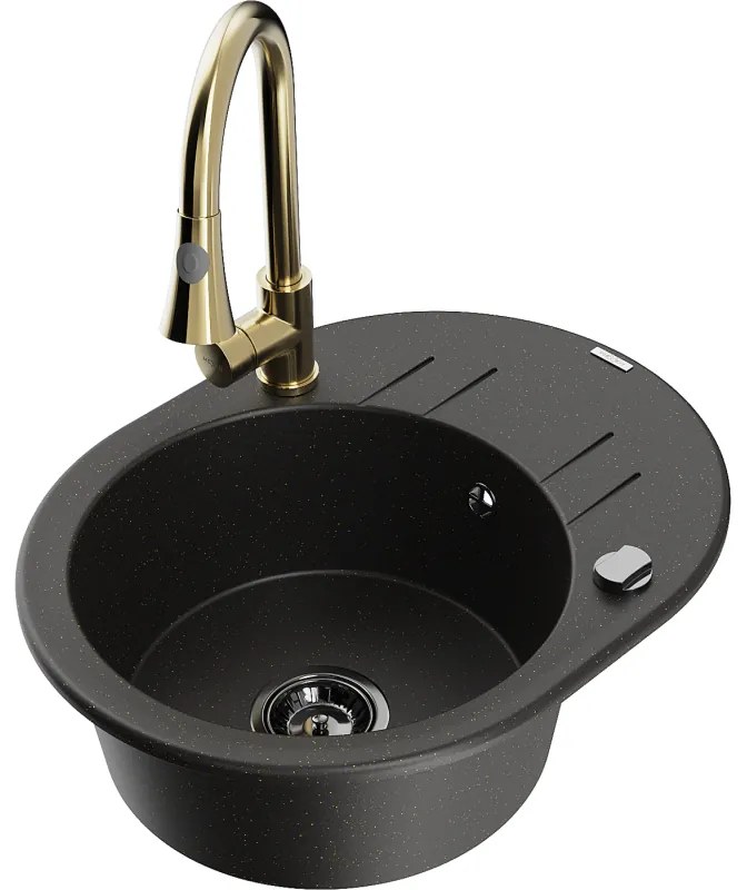 Mexen Kevin, 1-komorový granitový drez 586x458x190 mm a drezová batéria Elia, čierna-zlatá metalíza, 6517-75-670101-50-B