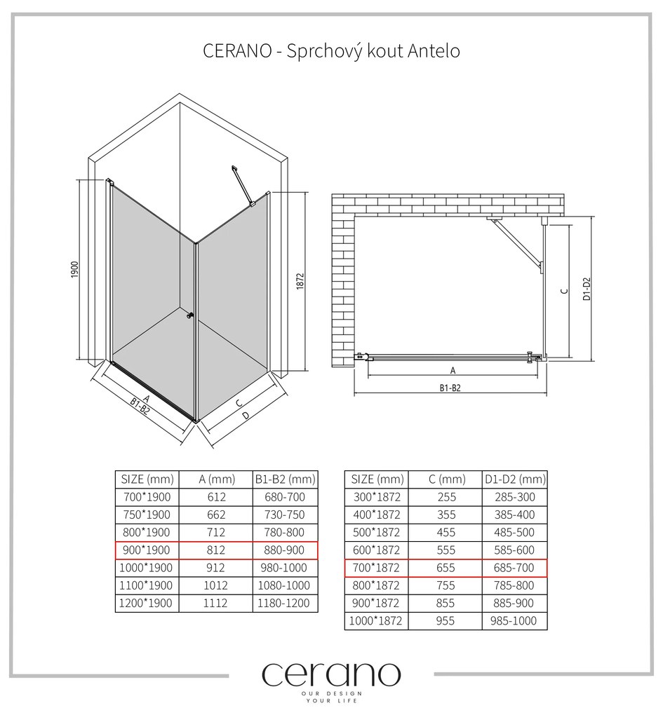 CERANO - Sprchovací kút Antelo L/P - 6 mm - čierna matná, transparentné sklo - 90x70 cm - krídlový, CER-CER-8050BD7502