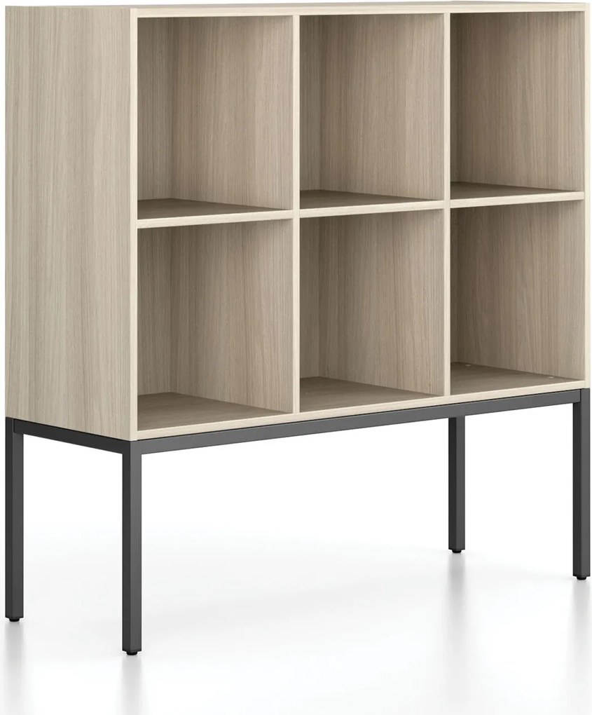 Regál FRAME, nízky, s čiernou podnožou, 1299 x 450 x 1331 mm, dub prírodný