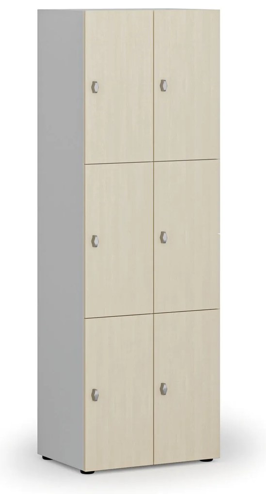 Drevená šatníková skrinka s úložnými boxmi, 6 boxov, otočný zámok, sivá/breza