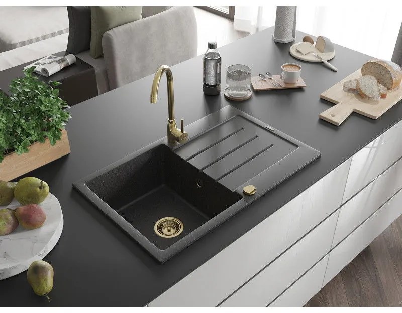 Mexen Bruno, 1-komorový granitový drez s odkvapkávačom 795x495x200 mm a zlatá kuchynská batéria Telma, čierna škvrnitá, 6513-76-670200-50