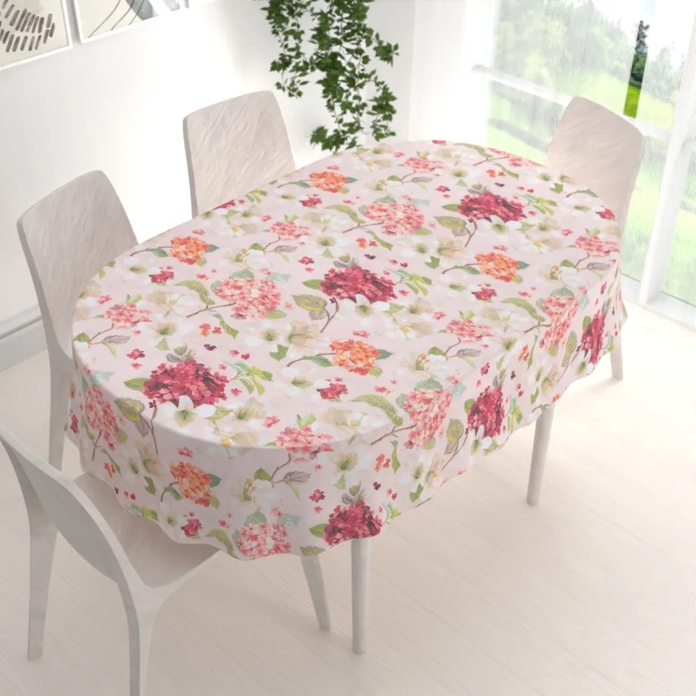 Biante Dekoračný oválny obrus Leona LN-118 Hortenzie a ľalie na ružovom 130x220 cm