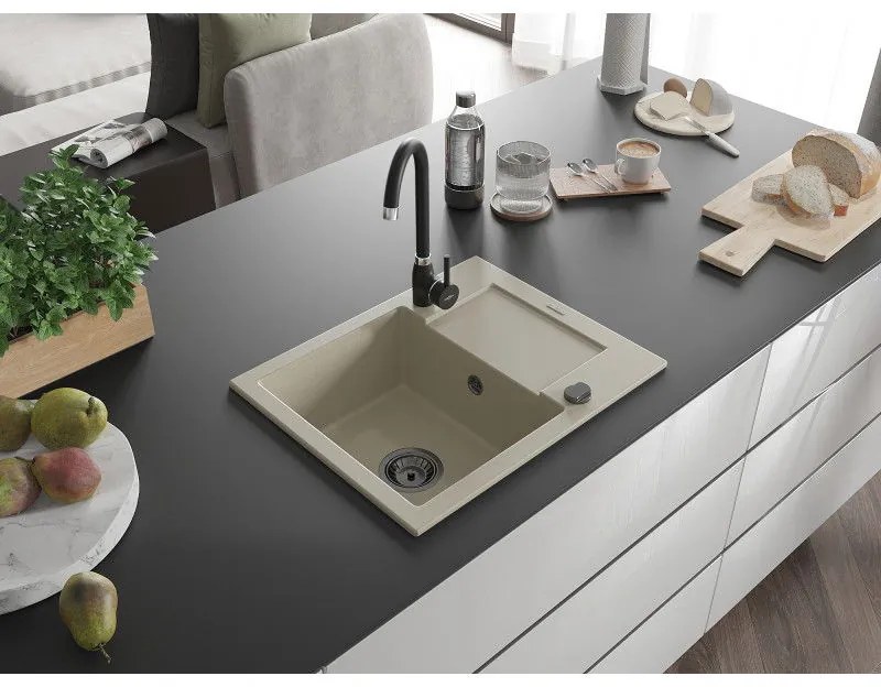 Mexen Enzo, granitový drez 576x465x174 mm, 1-komorový, béžová s čiernym sifónom, 6506571005-69-B