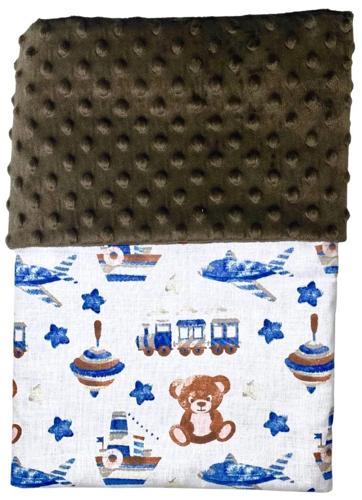 Deka Macko s vláčikom/minky hnedá 100x75 cm – obojstranná detská deka s medvedíkom