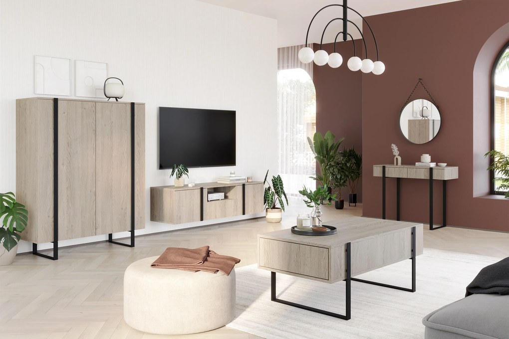 Vysoká komoda Verica 120 cm s dvoma dverami - bisquitový dub / čierne nohy