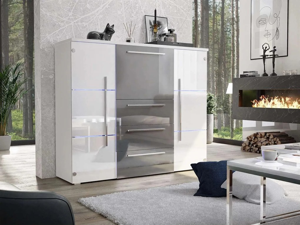 KOMODA BEATE LED BIELÁ + ŠEDÉ ZÁSUVKY VYSOKÝ LESK 136 cm