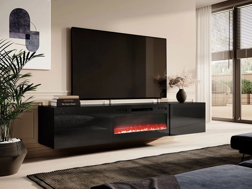 TV skrinka Koda 200 s krbom, Farby: čierny / čierny lesk, Krb: biely