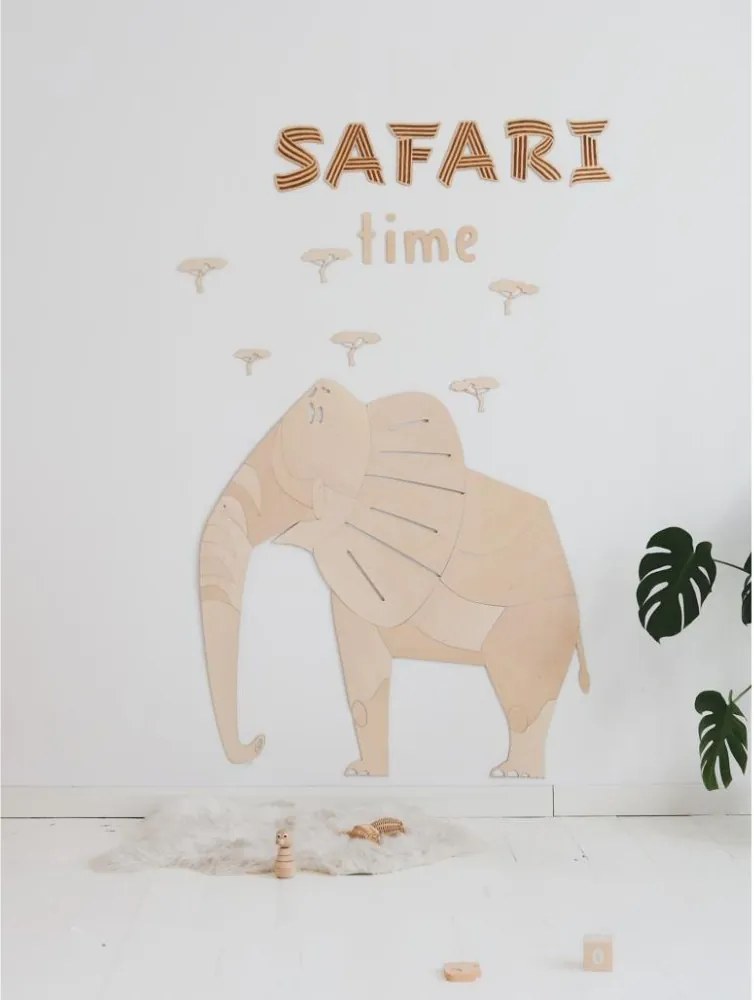 Drevená nástenná dekorácia Slon – safari v detskej izby XL