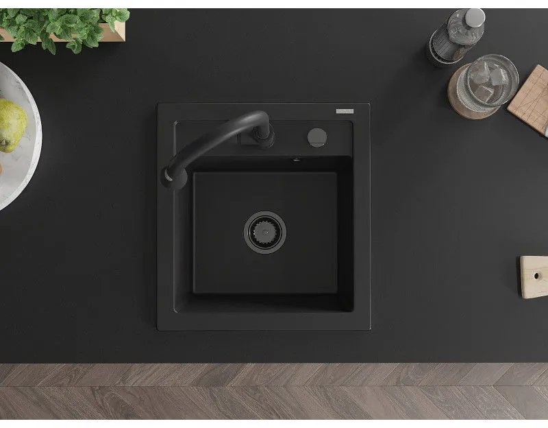 Mexen Vito, 1-komorový granitový drez 490x520x210 mm a drezová batéria Elia, čierna, 6503-77-670101-70-B