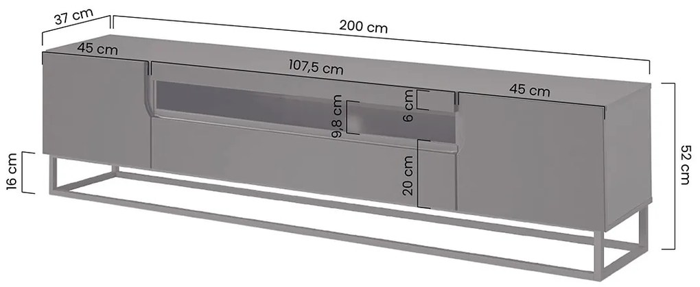 TV stolík Loftia 200 cm na kovovom ráme - čierny / čierny mat