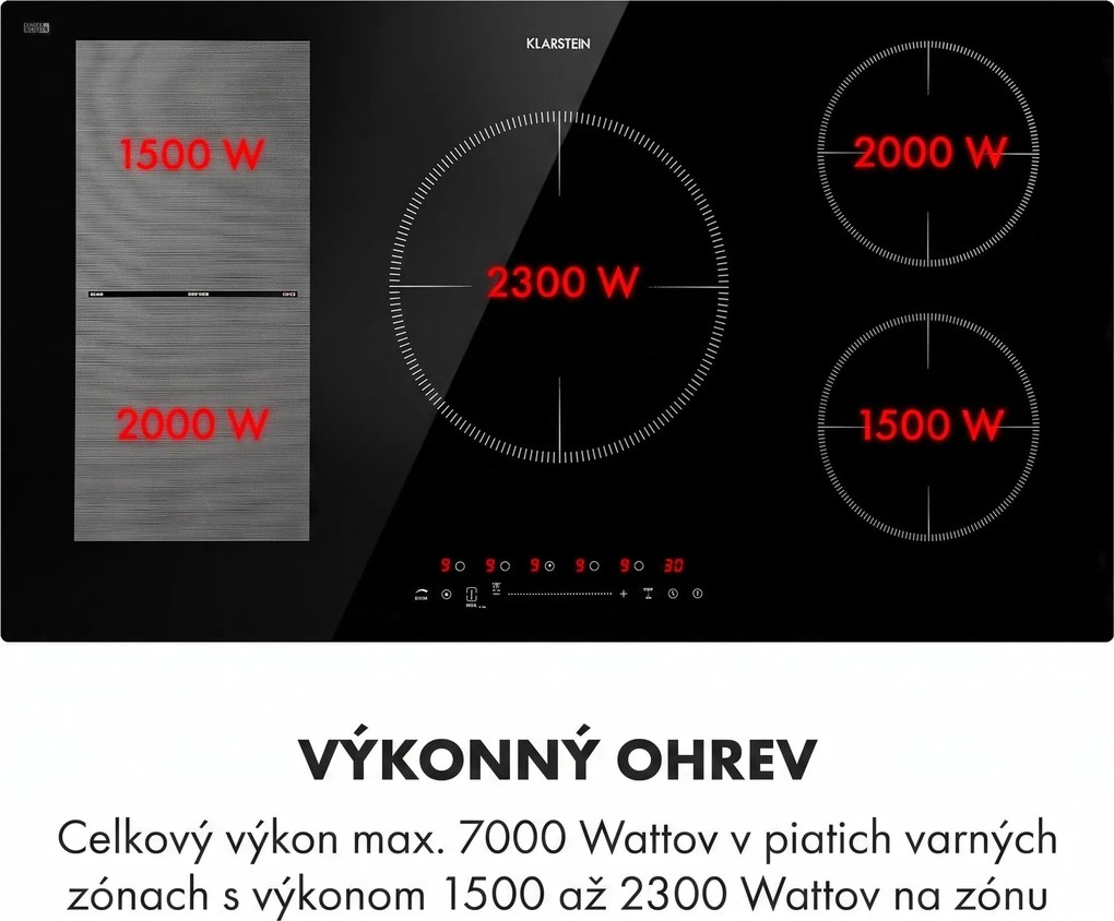 Klarstein Delicatessa 90 Hybrid, vstavaná indukčná varná doska, 7400 W, 5 zón, čierna