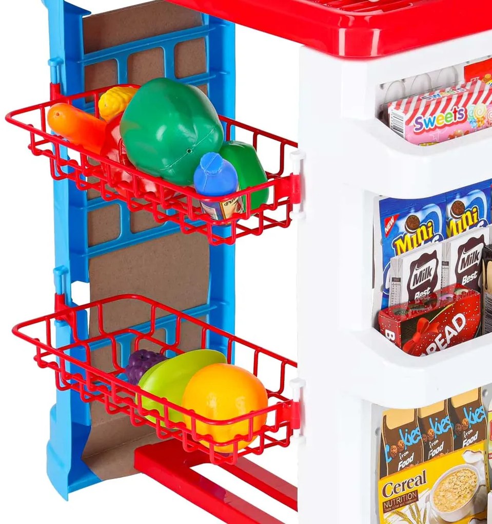 KIK Detský supermarket – hra na obchod s pokladňou, skenerom, vozíkom a 47 dielmi