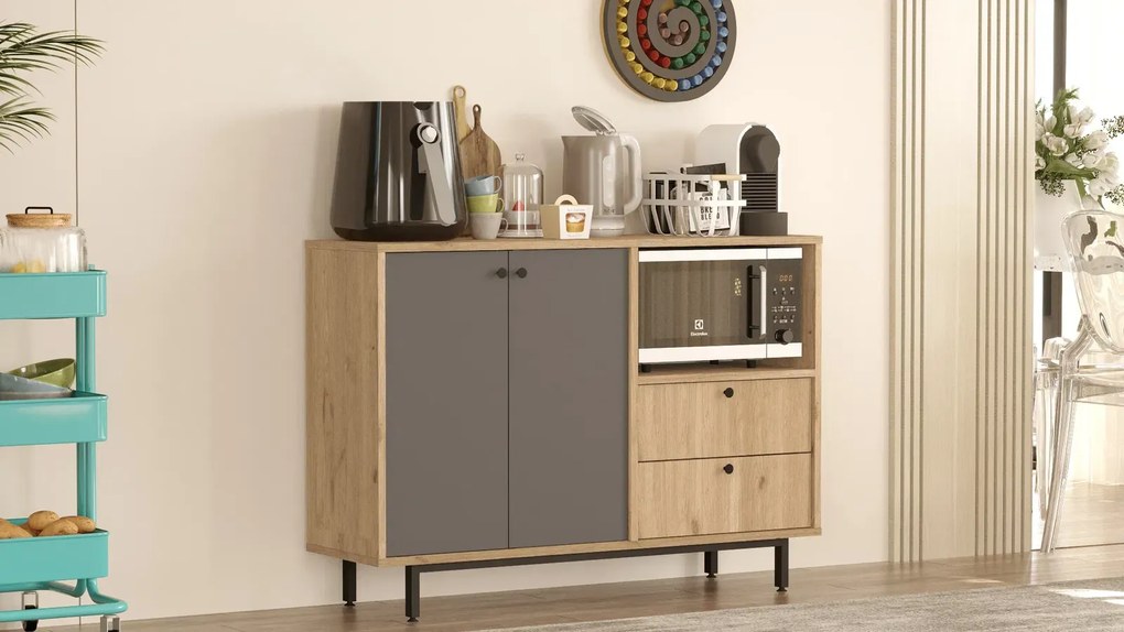 Skrinka na mikrovlnku Houseland Royce 02 dub Castello/antracitovo šedá