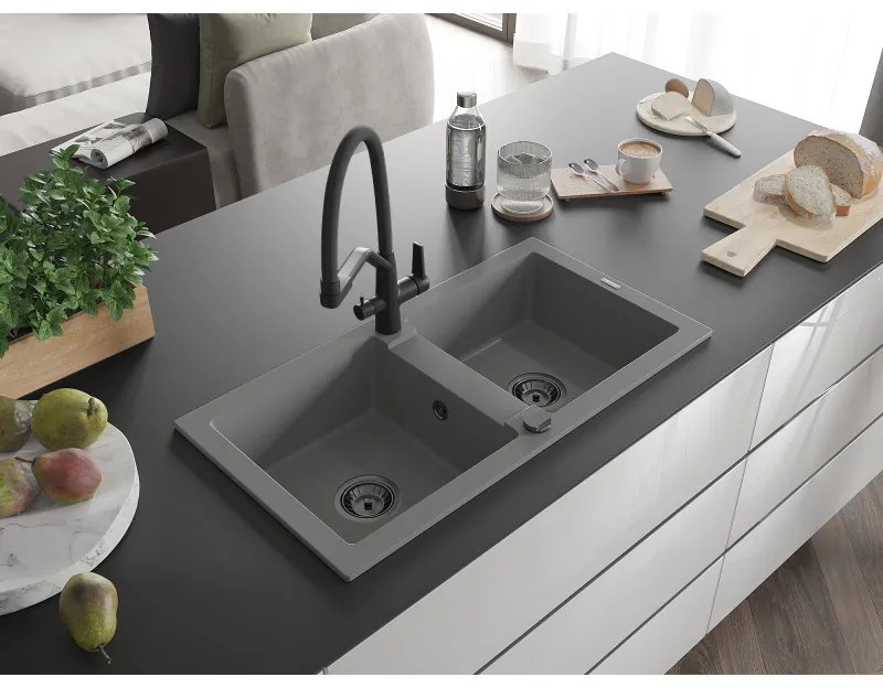 Mexen Mario, granitový drez 820x436x161 mm, 2-komorový a drezová batéria Duo, šedá, 6504-71-671701-70-B