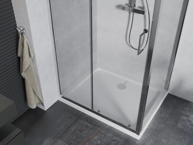 Mexen Apia, sprchový kút s posuvnými dverami 140 (dvere) x 80 (stena) cm, 6mm číre sklo, chrómový profil + slim sprchová vanička 5cm, 840-140-080-01-00-4010
