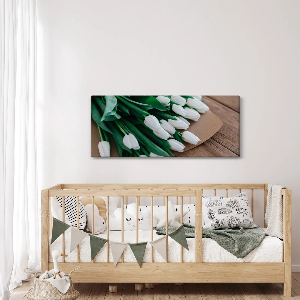 Obraz kytice bielych tulipánov (120x50 cm)