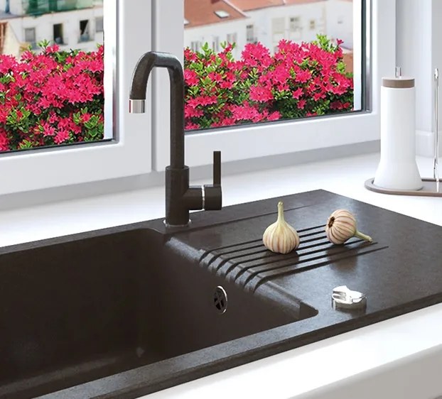 Laveo Celia, 1-komorový granitový drez 760x440x185 mm s dlhým odkvapkávačom, čierna, LAV-SBC_711T