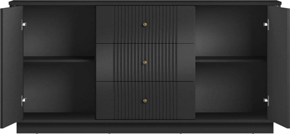 Komoda Vesper 160 cm so zásuvkami na sokli - čierna / zlaté úchyty