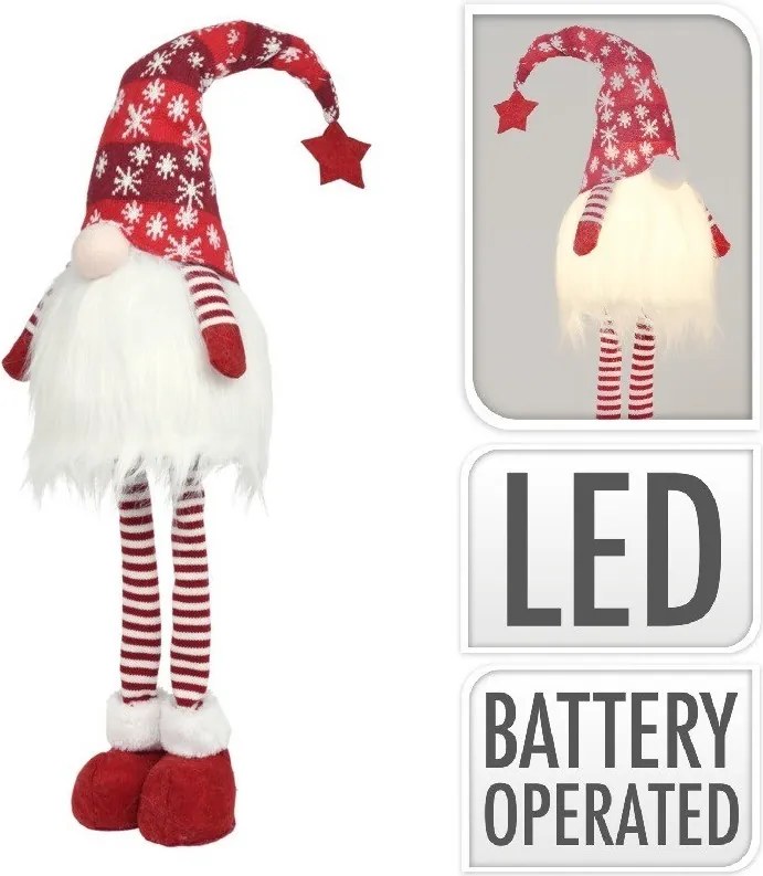Vianočný škriatok Sneháč s LED a dlhými nohami – červený 90 cm
