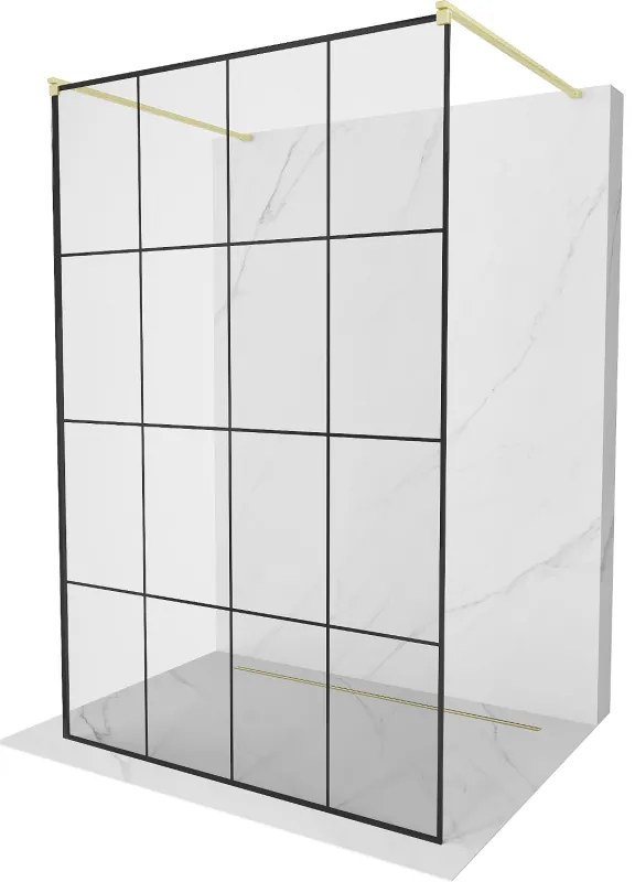 Mexen Kioto, sprchová zástena Walk-In 140 x 200 cm, 8mm sklo čierny vzor, zlatý matný profil, 800-140-002-55-77