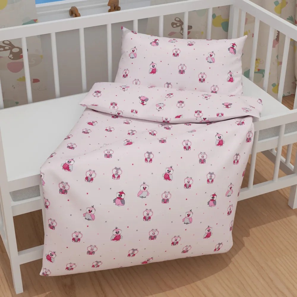 Biante Detské bavlnené posteľné obliečky do postieľky Sandra SA-726 Ružové sovičky na bledo ružovom Do postieľky 90x140 a 50x70 cm