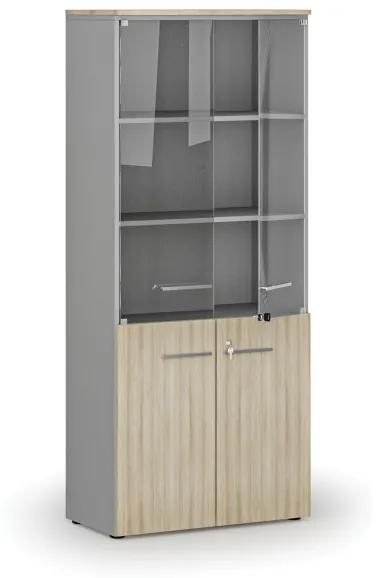 Kombinovaná kancelárska skriňa s drevenými a sklenenými dverami PRIMO GRAY, 1781 x 800 x 420 mm, sivá/dub prírodný