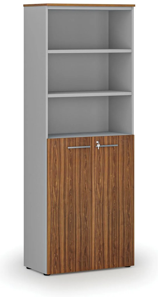 Kombinovaná kancelárska skriňa PRIMO GRAY, dvere na 3 poschodia, 800 x 420 x 2128 mm, sivá/orech