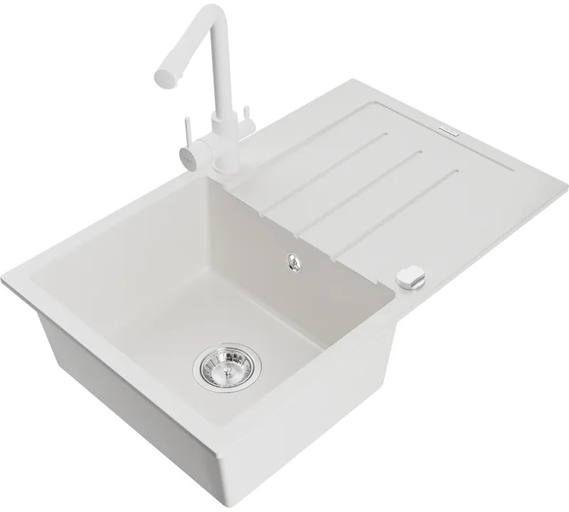 Mexen Bruno, 1-komorový granitový drez s odkvapkávačom 795x495x200 mm a biela batéria Duero, biela, 6513-20-671600-20